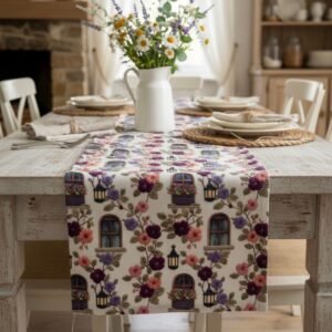 Dijital Baskılı Leke Tutmaz Nakış Efektli Çiçekli İtalyan Evleri 40 x 140 Runner