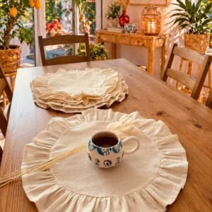 Natural Ham Keten Fırfırlı Yuvarlak Amerikan Servisi 12'li Set 40x40cm