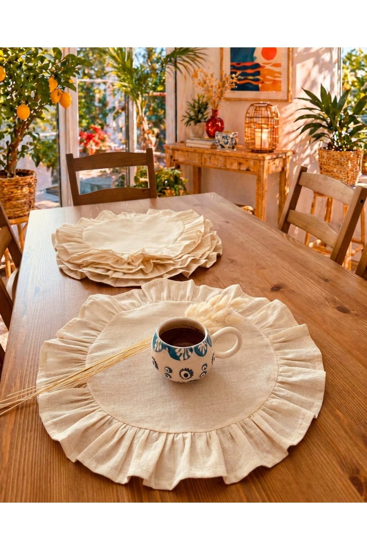 Natural Ham Keten Fırfırlı Yuvarlak Amerikan Servisi 12'li Set 40x40cm